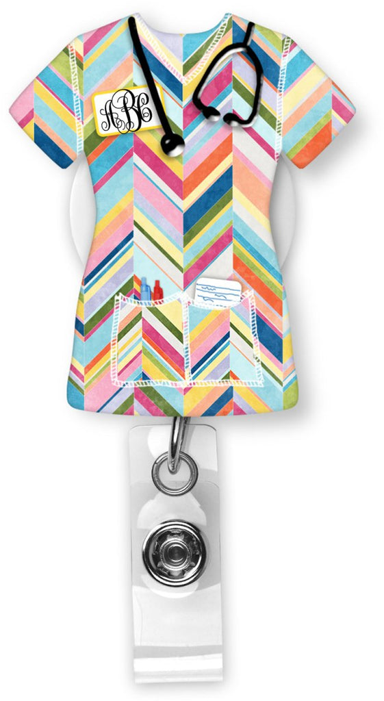 Chevron Scrubs Monogram Badge Reel - Sew Lucky Embroidery