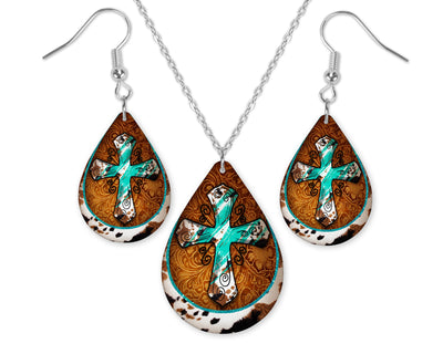 Teal Cross and Cowhide Earrings and Necklace Set