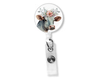Cow with Daisy Badge Reel - Sew Lucky Embroidery