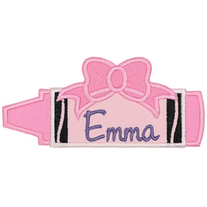 Crayon Name Patch with Bow Personalized Embroidered Patch for Backpacks, Clothes or Gifts, Iron On or Sew On Custom School Name Tag - Sew Lucky Embroidery