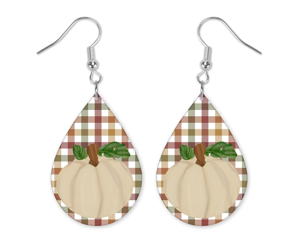 Cream Pumpkin on Plaid Teardrop Earrings - Sew Lucky Embroidery
