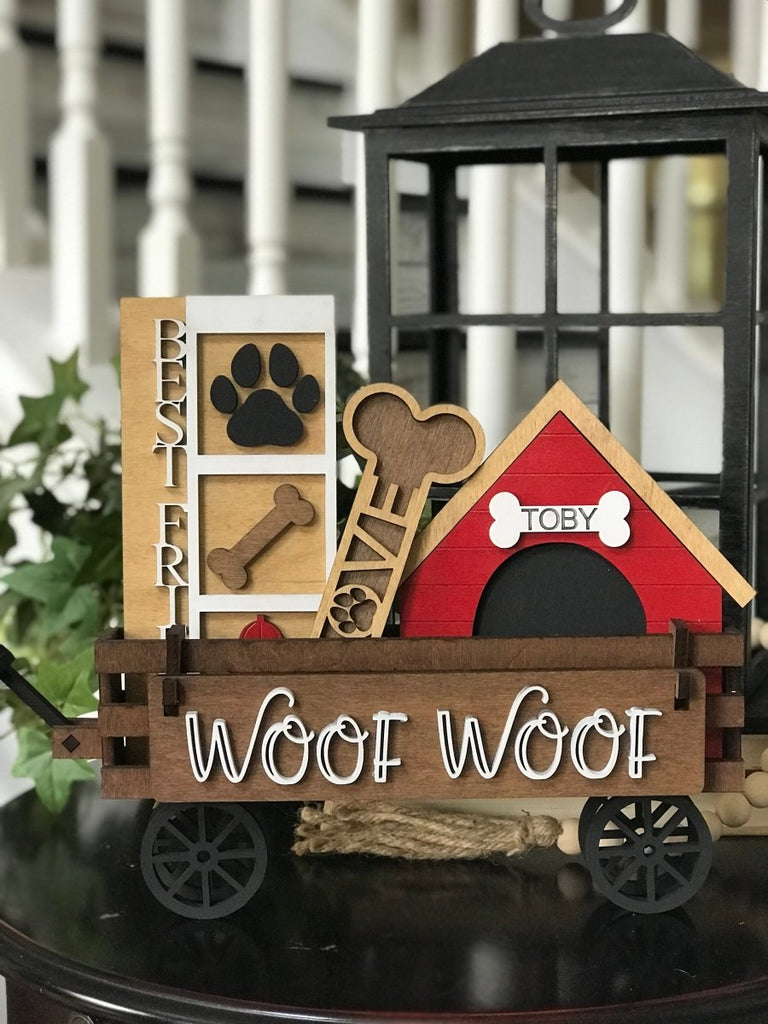 Dog Personalized Handmade Wood Wagon Interchangeable Decor Set - Sew Lucky Embroidery