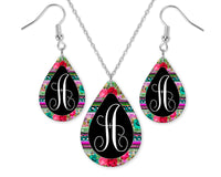 Floral Trim Monogrammed Teardrop Earrings and Necklace Set - Sew Lucky Embroidery