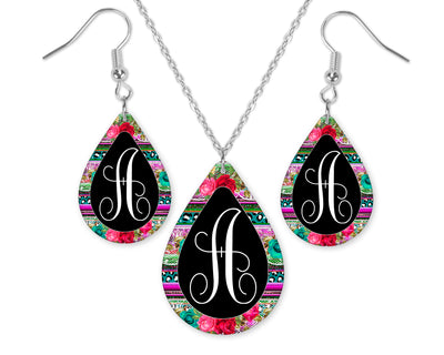 Floral Trim Monogrammed Teardrop Earrings and Necklace Set