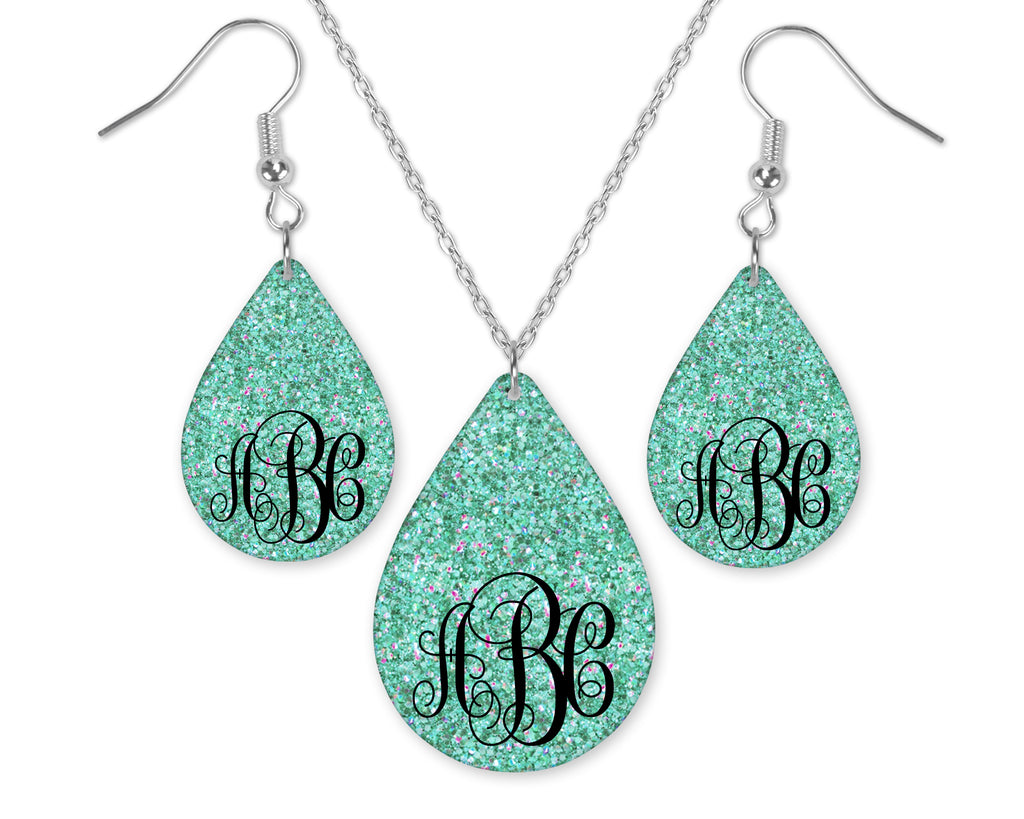 Sew Lucky Embroidery Glitter Monogrammed Teardrop Earrings and Necklace Set