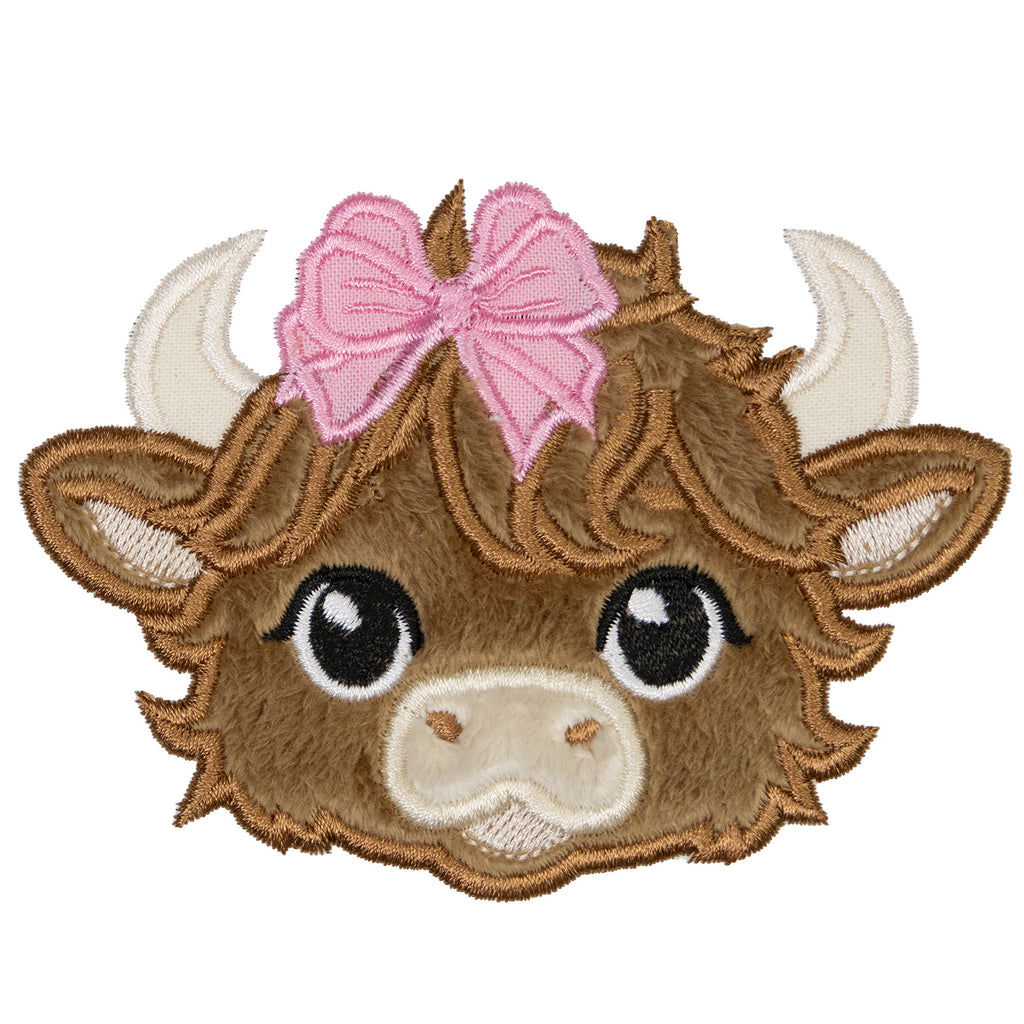 Highland Cow Girl Embroidery Patch with Bow Applique for Baby Clothes, Farm Theme Gifts, Backpacks, Jackets, or Quilts - Sew Lucky Embroidery