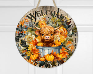 Highland Cow Welcome Fall Door Hanger - Sew Lucky Embroidery