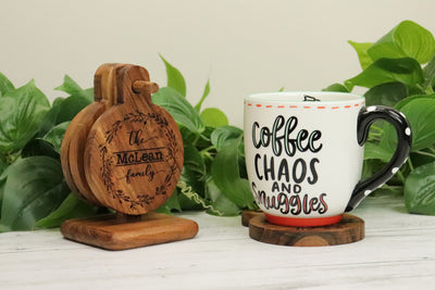Vines Personalized Engraved Wood Coasters - Set of Four coasters - Personalized Coasters with Stand - Handcrafted Home Decor - Unique Gift