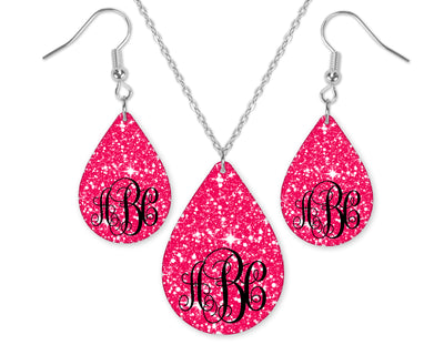 Pink Sparkles Monogrammed Teardrop Earrings and Necklace Set