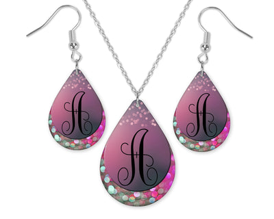Pink and Purple Bokeh Monogrammed Teardrop Earrings and Necklace Set