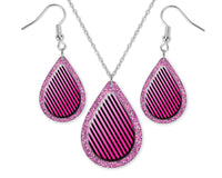Pink Stripes and Glitter Teardrop Earrings and Necklace Set - Sew Lucky Embroidery
