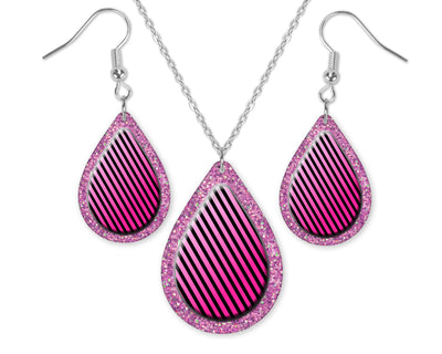 Pink Stripes and Glitter Teardrop Earrings and Necklace Set