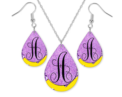 Purple and Yellow Monogrammed Teardrop Earrings and Necklace Set