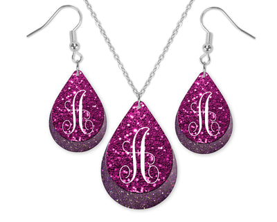 Purple Two Tone Glitter Monogrammed Teardrop Earrings and Necklace Set