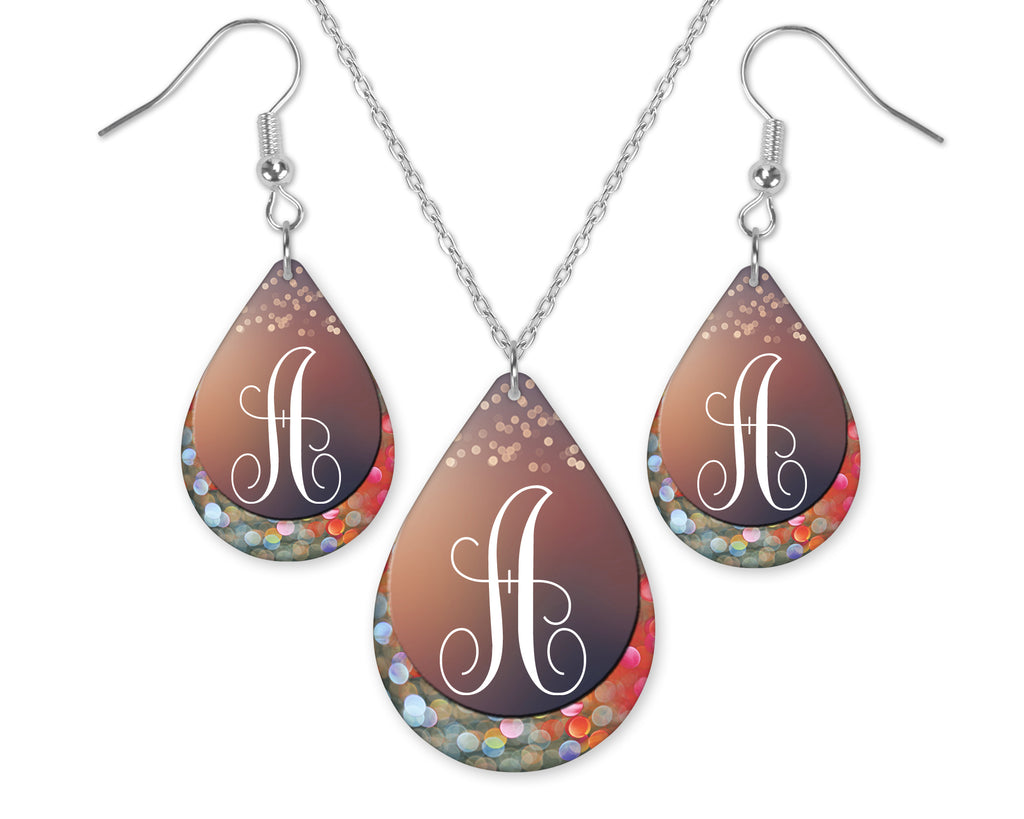 Sew Lucky Embroidery Wild Bokeh Monogrammed Teardrop Earrings and Necklace Set