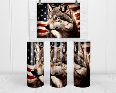 American Flag Wolf 20 oz insulated tumbler with lid and straw