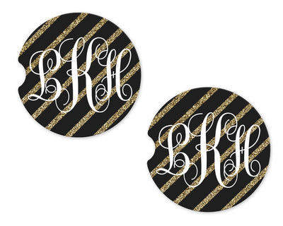 Black and Gold Glitter Stripes Personalized Sandstone Car Coasters (Set of Two)