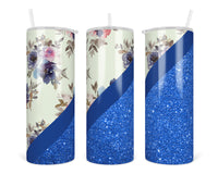 Blue Glitter and Floral 20 oz insulated tumbler with lid and straw - Sew Lucky Embroidery