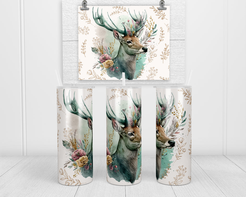 Boho Deer 20 oz insulated tumbler with lid and straw - Sew Lucky Embroidery