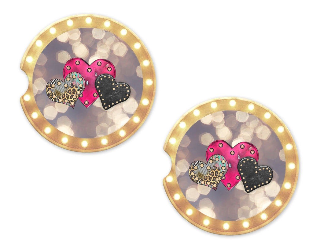 Bokeh Heart Trio Sandstone Car Coasters