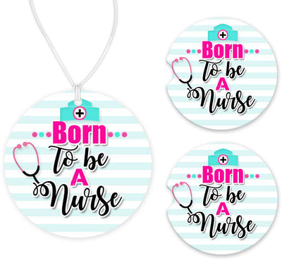 Born to Be a Nurse Teal Stripes Car Charm and set of 2 Sandstone Car Coasters