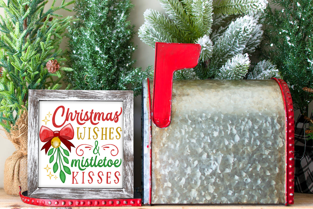 Rustic Christmas Wishes Mistletoe Kisses Tier Tray Sign - Sew Lucky Embroidery