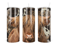 Cow Print Highland Cow 20 oz insulated tumbler with lid and straw - Sew Lucky Embroidery