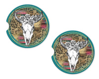 Cow Skull with Flowers Sandstone Car Coasters - Sew Lucky Embroidery