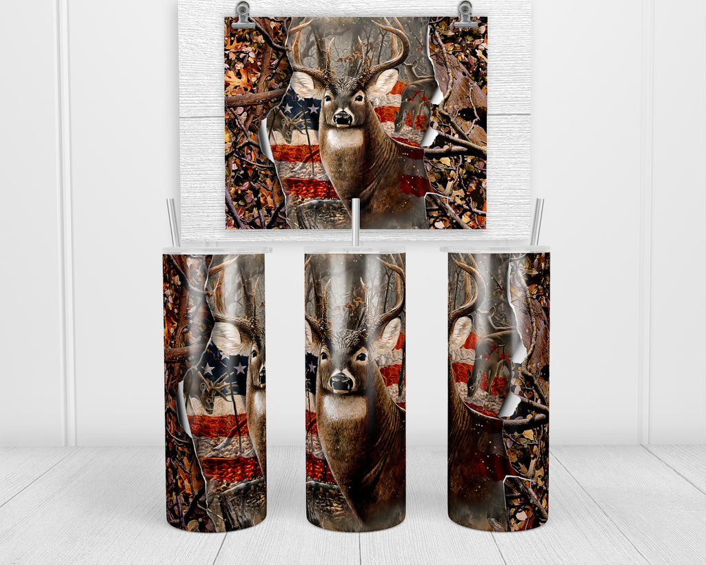 Deer USA Flag 20oz insulated tumbler - Sew Lucky Embroidery