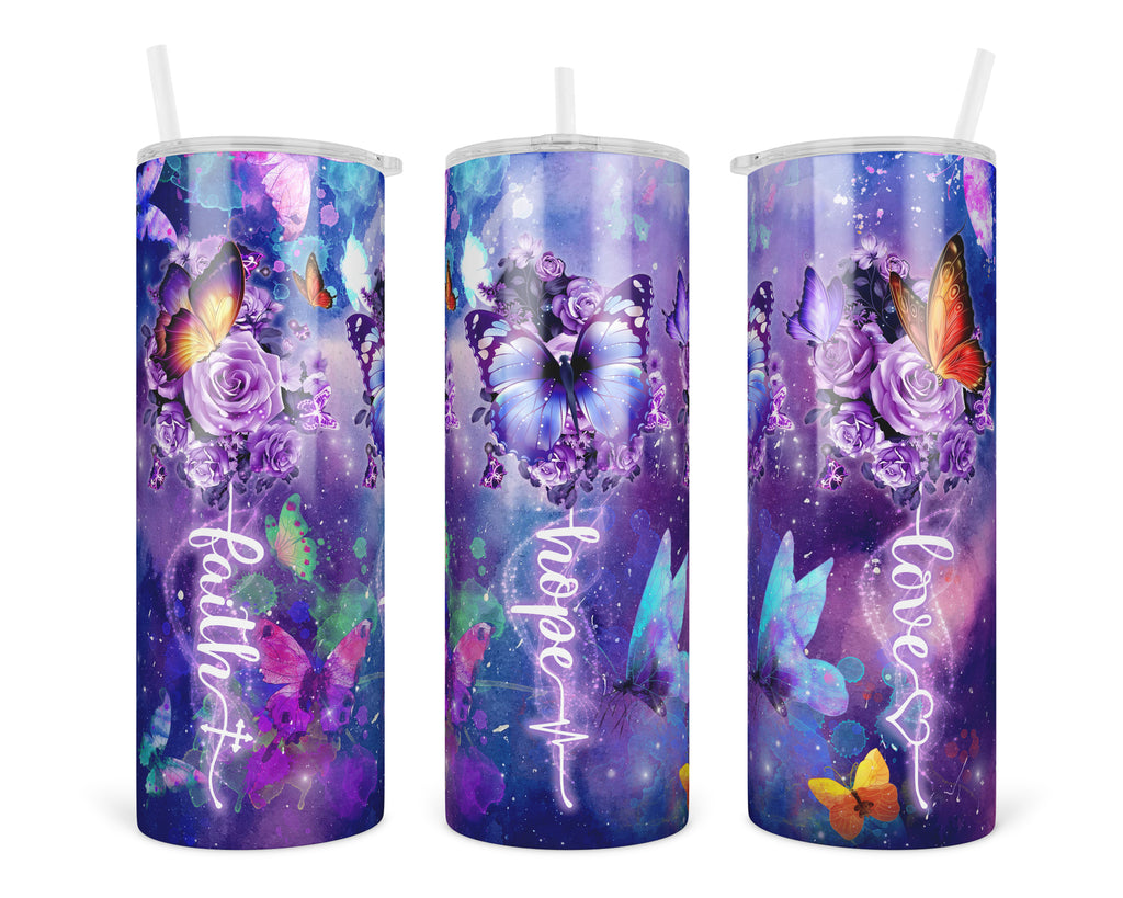 Faith Love Hope Purple Butterfly 20 oz insulated tumbler with lid and straw