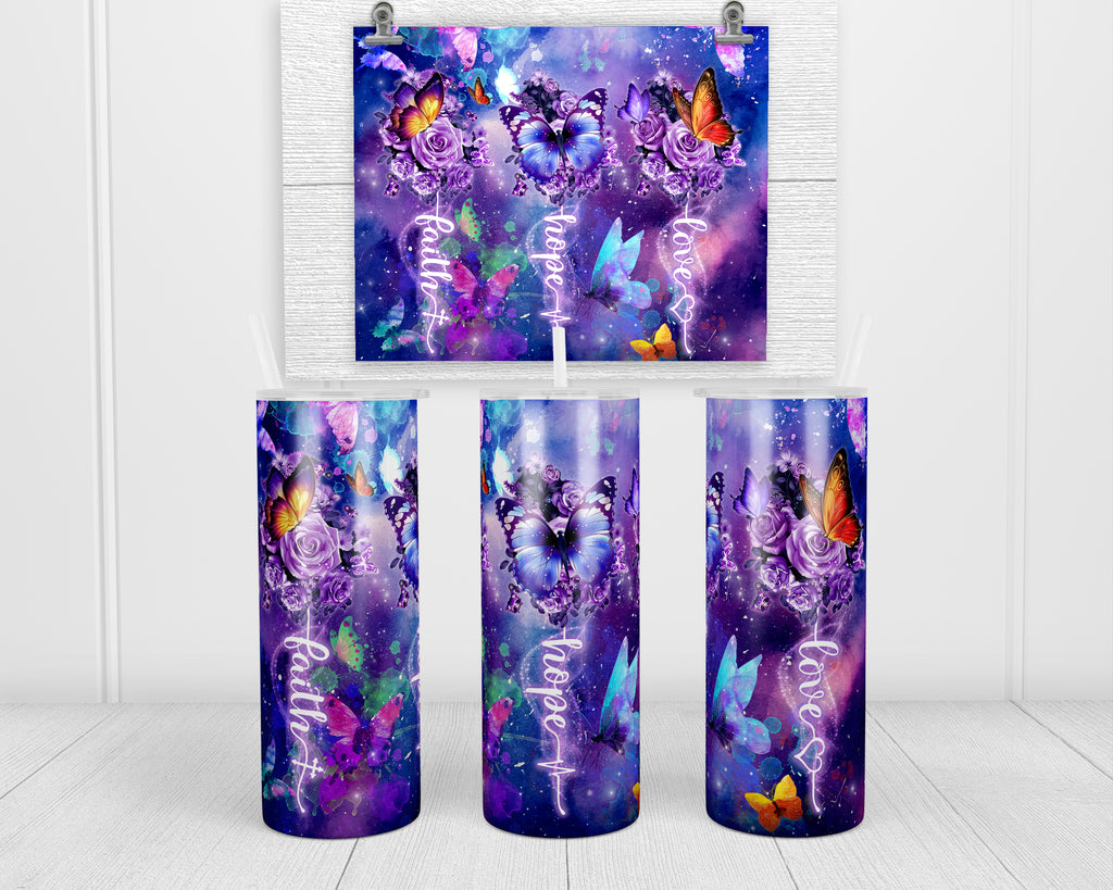 Faith Love Hope Purple Butterfly  20 oz insulated tumbler with lid and straw - Sew Lucky Embroidery