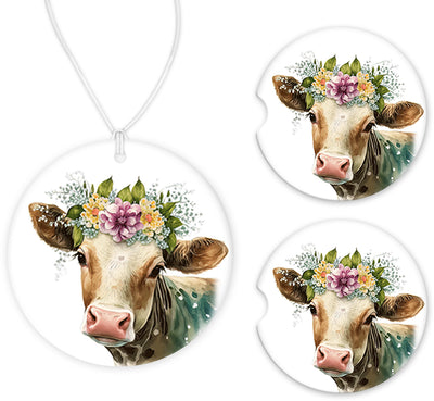 Floral Cow Car Charm and set of 2 Sandstone Car Coasters