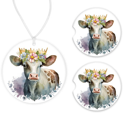 Floral Cow with Crown Car Charm and set of 2 Sandstone Car Coasters