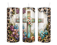 Floral Cross Leopard 20 oz insulated tumbler with lid and straw - Sew Lucky Embroidery