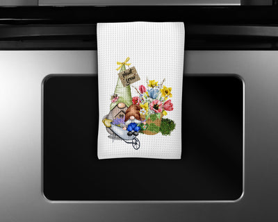 Floral Spring Gnome Waffle Weave Microfiber Kitchen Towel