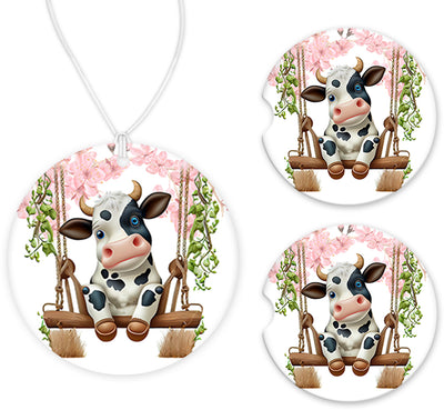 Floral Swinging Cow Car Charm and set of 2 Sandstone Car Coasters