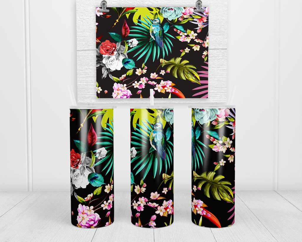 Floral Bird 20 oz insulated tumbler with lid and straw - Sew Lucky Embroidery