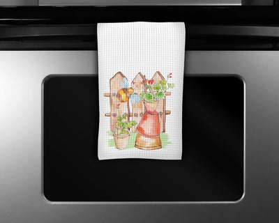 Flower Pots and Bee Waffle Weave Microfiber Kitchen Towel