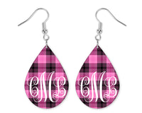 Girly Plaid Monogrammed Teardrop Earrings