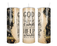 Psalms 46:1 Gold with Black Marble 20 oz insulated tumbler with lid and straw - Sew Lucky Embroidery