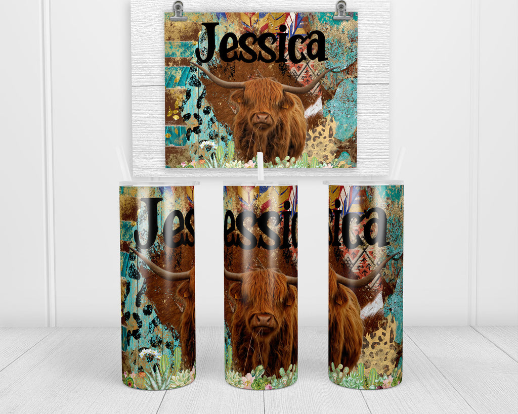 Highland Cow and Succulents Personalized 20 oz insulated tumbler - Sew Lucky Embroidery