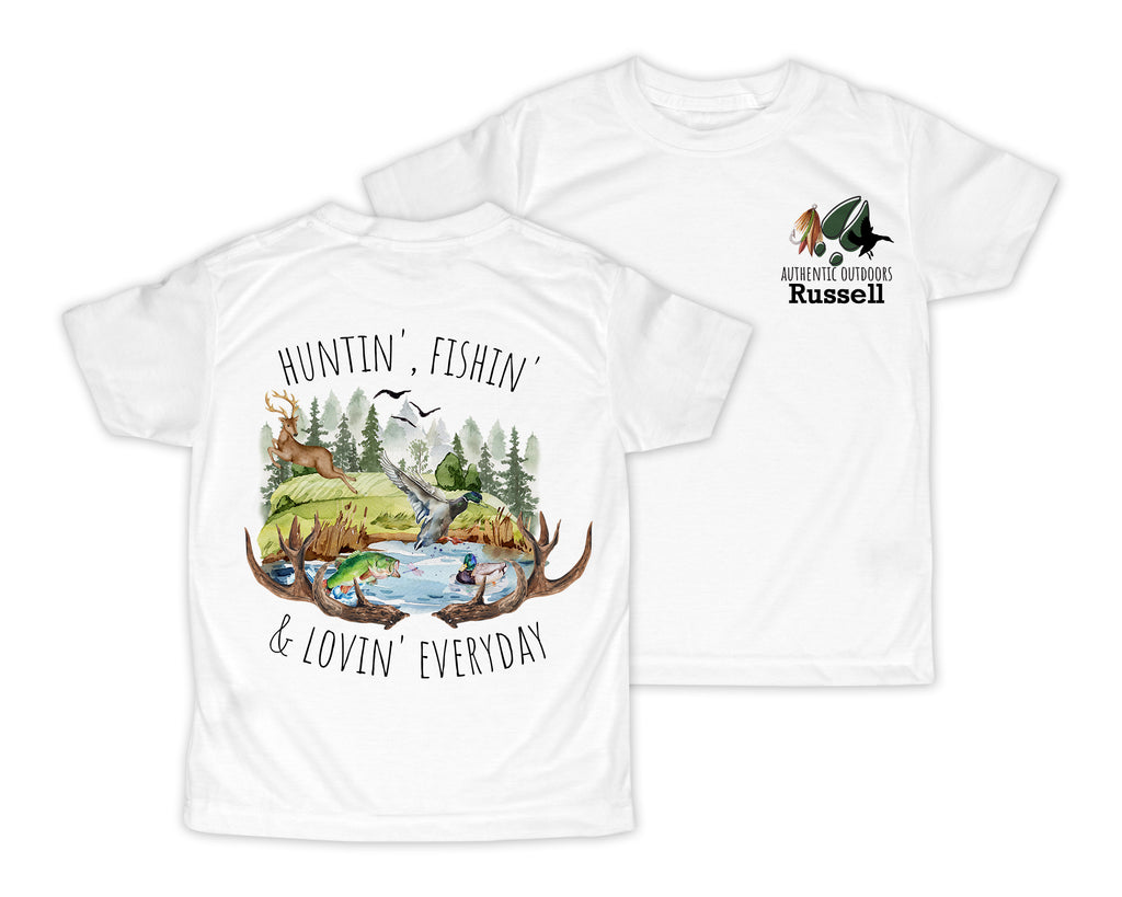 Huntin, Fishin, and Lovin Everyday Personalized Short or Long Sleeves Shirt - Sew Lucky Embroidery