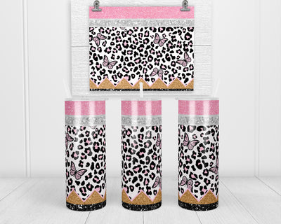 Layered Glitter Leopard Butterfly 20 oz insulated tumbler with lid and straw