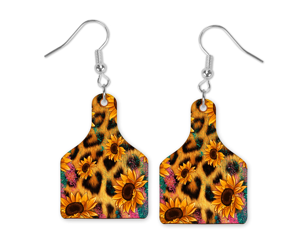 Leopard Sunflowers Cow Tag Earrings - Sew Lucky Embroidery