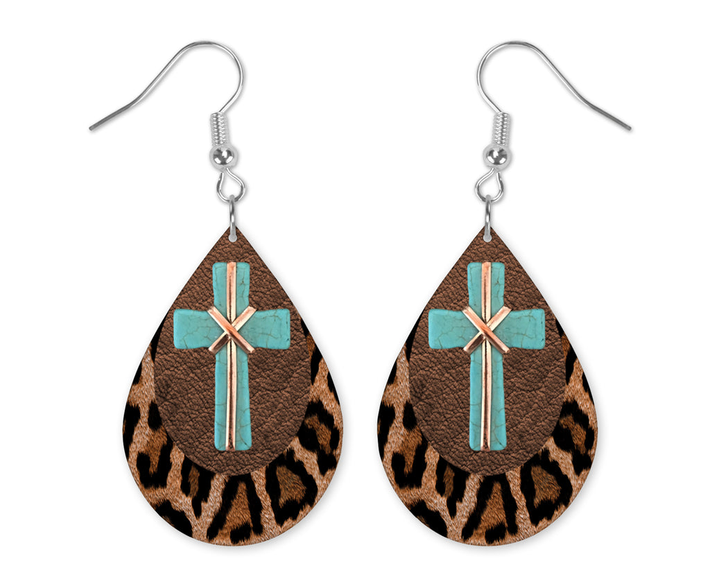 Leopard Teal Cross Teardrop Earrings - Sew Lucky Embroidery
