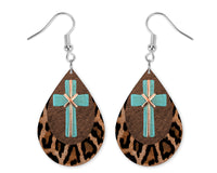 Leopard Teal Cross Teardrop Earrings - Sew Lucky Embroidery