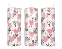 Leopard and Pink Hearts 20 oz insulated tumbler with lid and straw - Sew Lucky Embroidery
