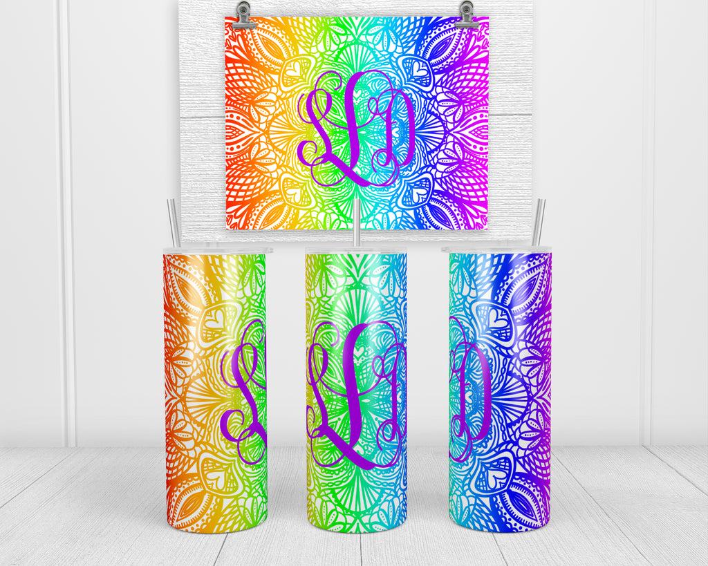 Mandala Rainbow Personalized 20 oz insulated tumbler with lid and straw - Sew Lucky Embroidery