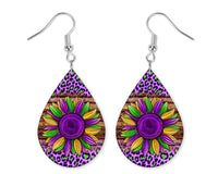 Mardi Gras Sunflower Teardrop Earrings - Sew Lucky Embroidery