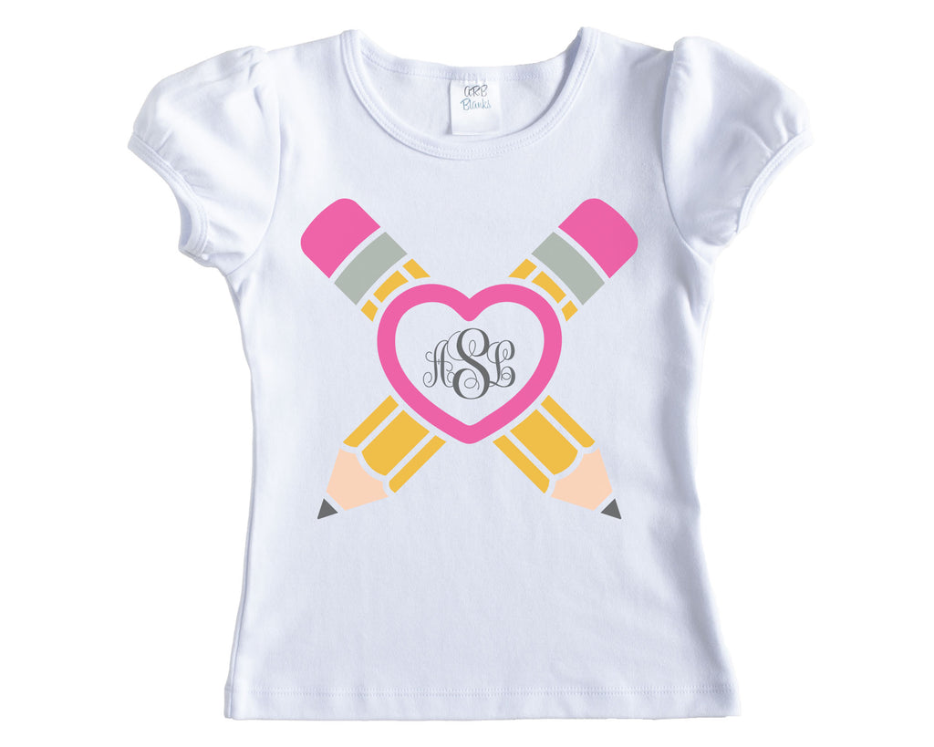 Pencils with Heart Frame Monogram Back to School Shirt - Sew Lucky Embroidery